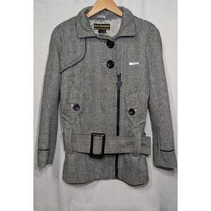 Rocawear Women's Wool Blend Belted Herringbone Pea Coat Sz‎ S Y2K 00s